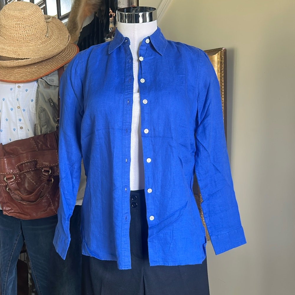 Talbots 100% Linen Sz SP Navy Button Down Ladies Shirt EUC